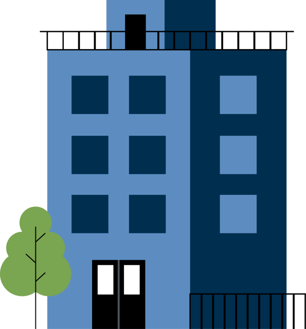 A stylized blue building with multiple windows and a small green tree beside it, illustrating urban architecture.