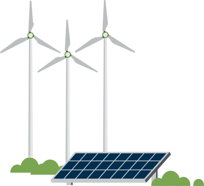 Three wind turbines and a solar panel in a green landscape symbolize renewable energy and sustainability efforts.