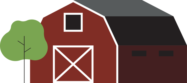 A red barn with a gray roof stands beside a green tree, featuring a white X on the door and a black window above.