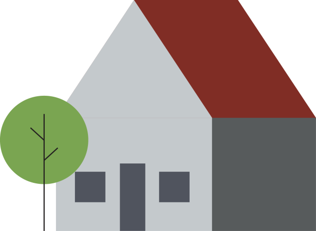 A simple illustration of a house with a red roof and a green tree beside it, set against a plain background.