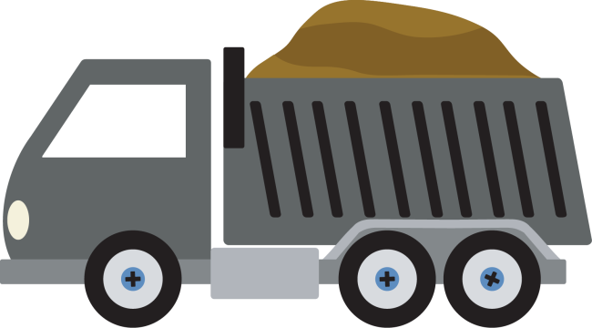A gray dump truck icon with a load of brown dirt in the back, illustrated in a simple, flat style.