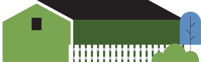 Illustration of a green building symbolizing a manufactured home with a black roof, white fence, blue tree, and green bush, depicting a simple rural scene.
